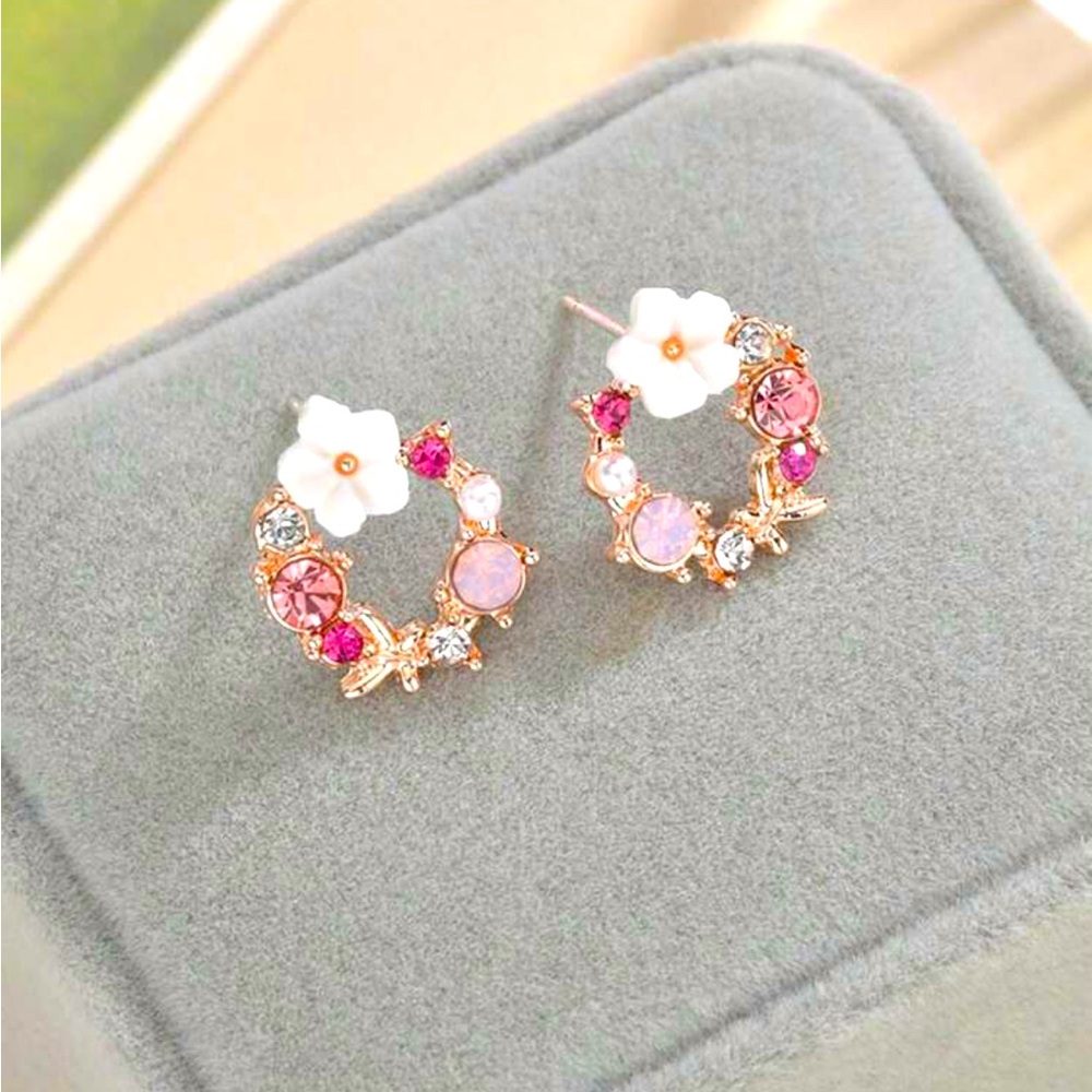 Pink Crystal Flower Wreath Earrings, Pink Flower Earrings